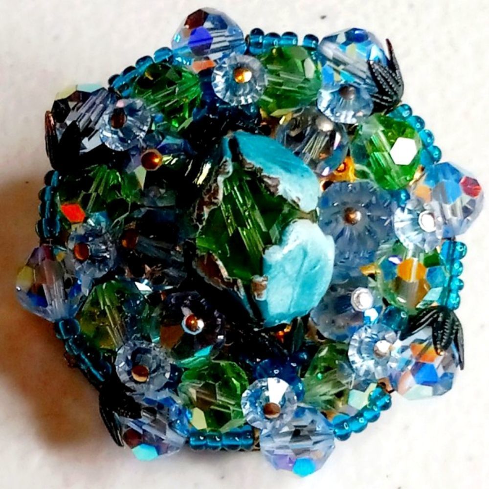 Vintage Dome Rosebud Brooch Blue/Green Glass and Swarovski Crystals 50's.